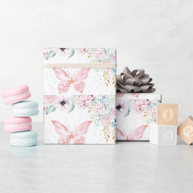 Pastel floral and butterfly wrapping paper (Baby Shower)