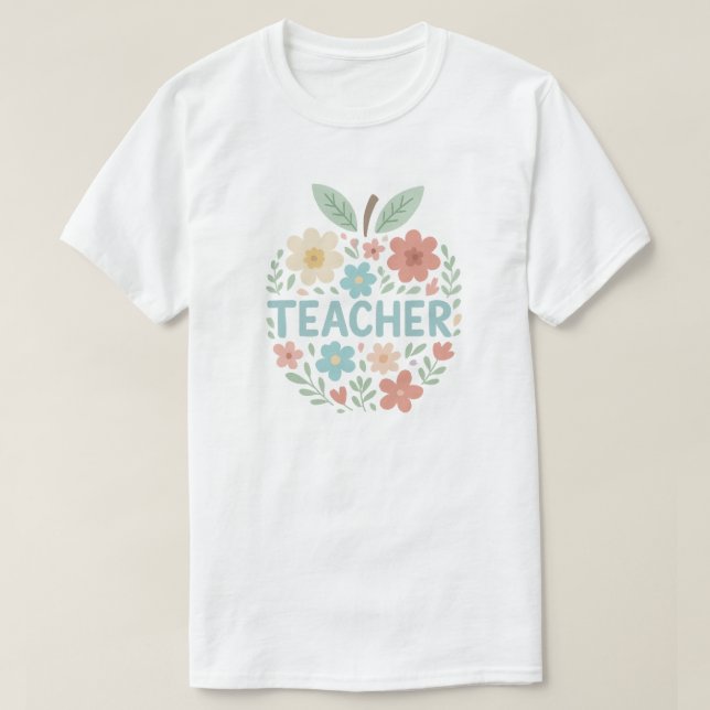 Pastel Floral Apple Teacher Design T-Shirt (Design Front)
