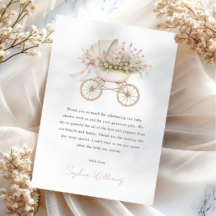 Pastel Floral Baby Carriage Girl Baby Shower Thank You Card
