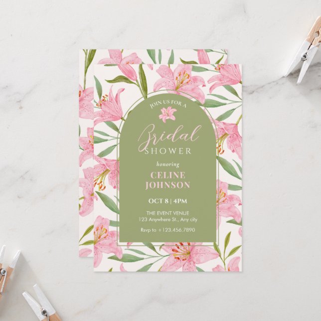 Pastel floral bloom lily pink green bridal shower invitation (Front/Back In Situ)