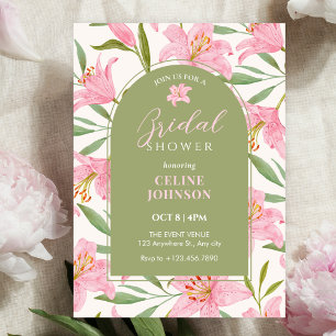 Pastel floral bloom lily pink green bridal shower invitation