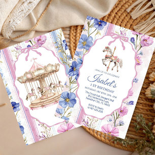 Pastel Floral Carousel Watercolor girl Birthday  Invitation