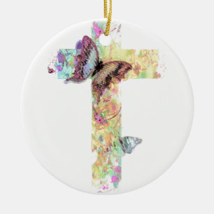 Pastel floral cross and butterflies ceramic ornament