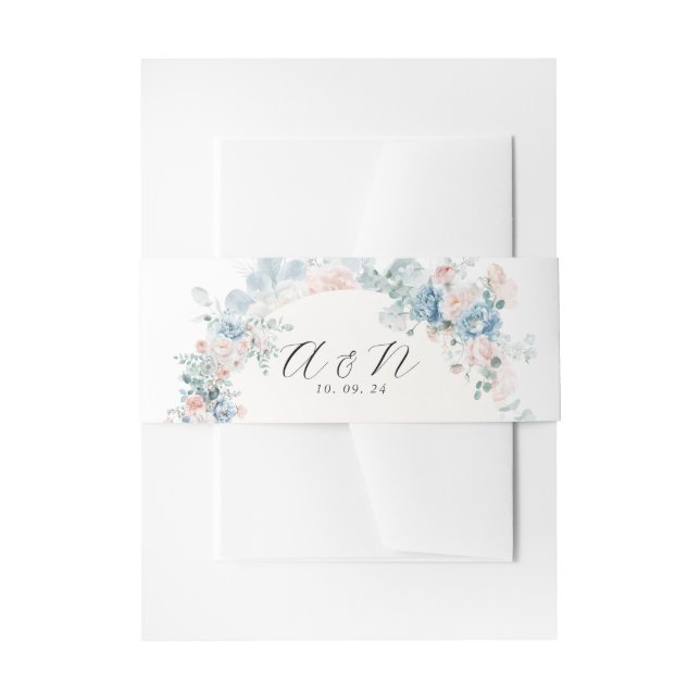 Pastel Floral Dusty Blue Peach Monogram Wedding Invitation Belly Band (Front Example)