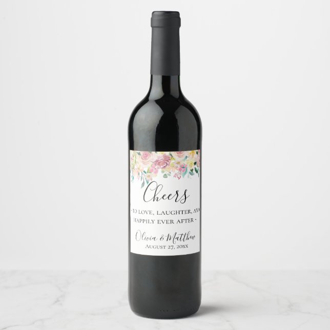 Pastel Floral Étiquette de vin personnalisé (Devant)
