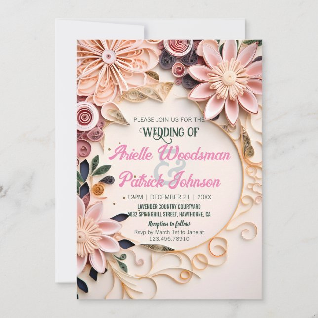 Pastel Floral Frame Wedding Customized Paper Quill Invitation (Front)