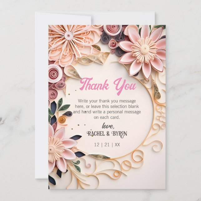 Pastel Floral Frame Wedding Customized Paper Quill Thank You Card (Front)
