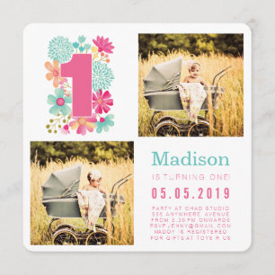 Pastel Floral Girls 1er Anniversaire Carte photo