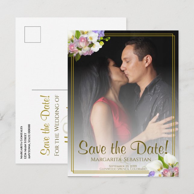 Pastel Floral Gold Frame Wedding Save the Date Postcard (Front/Back)