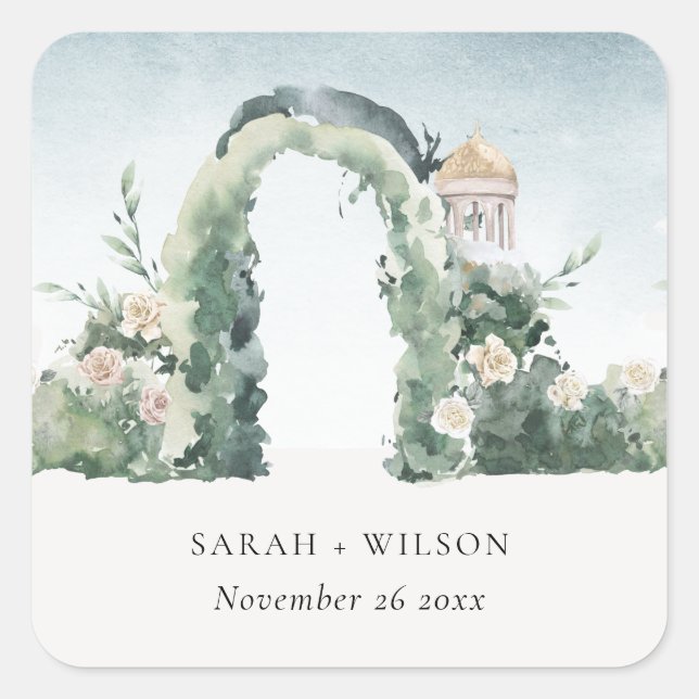 Pastel Floral Green Garden Arch Botanical Wedding Square Sticker (Front)