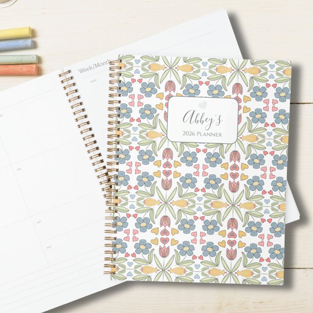 Pastel Floral & Heart Planner for Teens & Tweens (Personalized Folk-Art Inspired Planner for Her)