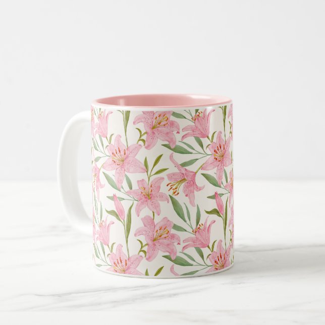 Pastel floral lily pink green Two-Tone coffee mug (Front Left)