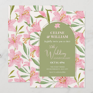 Pastel floral lily pink green wedding anniversary invitation