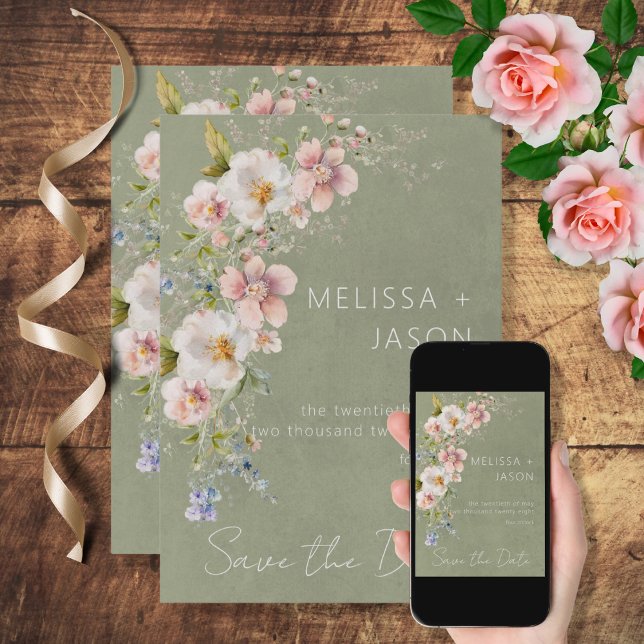 Pastel Floral Modern Green Wedding Save The Date (Creator Uploaded)