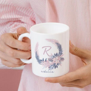 Pastel Floral Monogram Winter Mug Personnalisé Nom