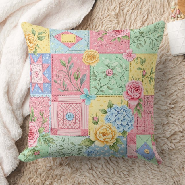 Pastel Floral Patchwork Picnic Pattern (10) Throw Pillow (Blanket)