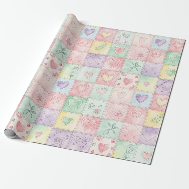 Pastel Floral Patchwork Picnic Pattern (3) Wrapping Paper (Unrolled)