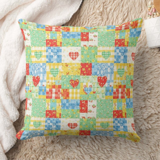 Pastel Floral Patchwork Picnic Pattern Throw Pillow (Blanket)