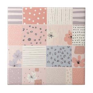Pastel Floral Patchwork Quilt in Pink and Blue Tile