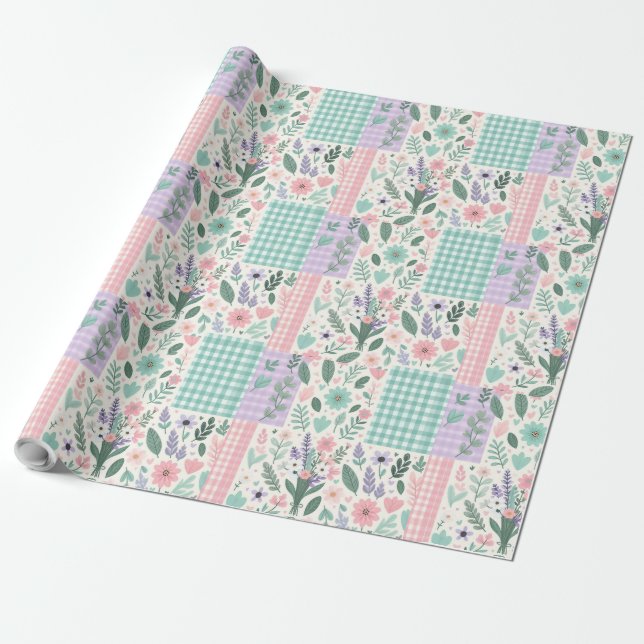 Pastel Floral Patchwork Wrapping Paper (Unrolled)