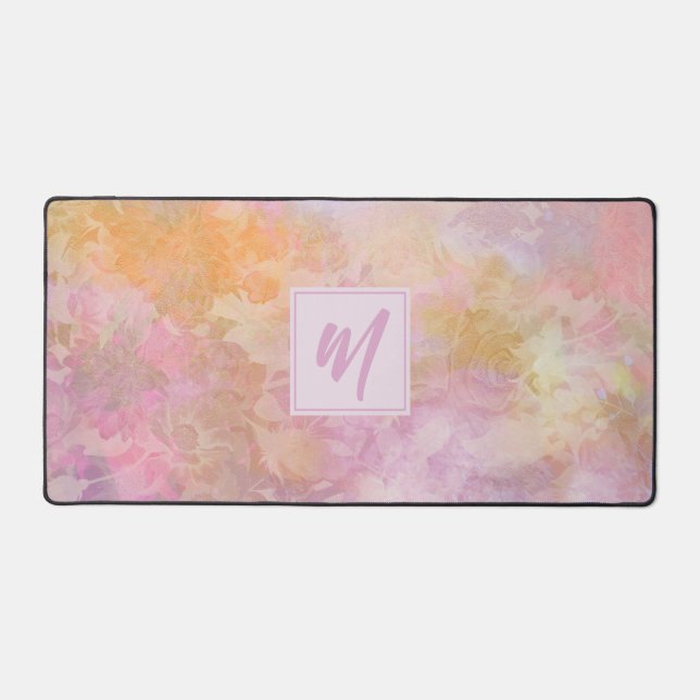Pastel Floral Pattern Chic Script Monogram Desk Mat (Front)