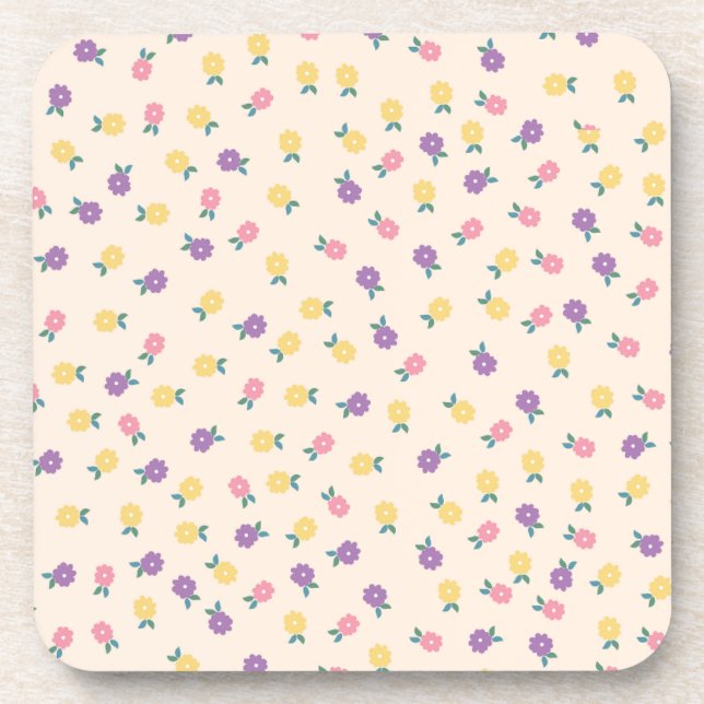 Pastel Floral Pattern – Cute Yellow, Pink & Purple Coaster (Front)