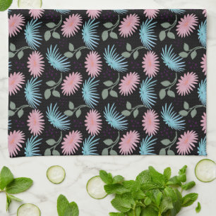 Pastel Floral Pattern on Black Background   Cute D Kitchen Towel