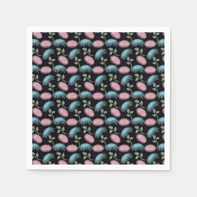 Pastel Floral Pattern on Black Background | Cute D Napkin (Front)