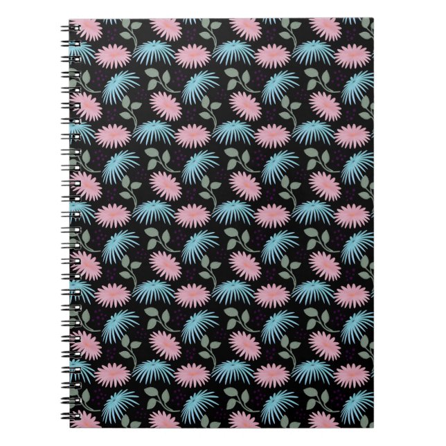Pastel Floral Pattern on Black Background | Cute D Notebook (Front)