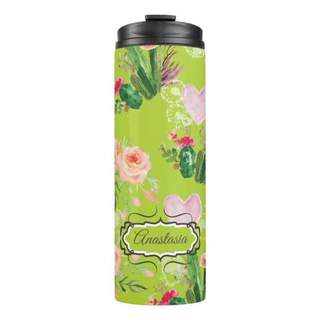Pastel Floral Personalized Cactus Thermal Tumbler (Front)