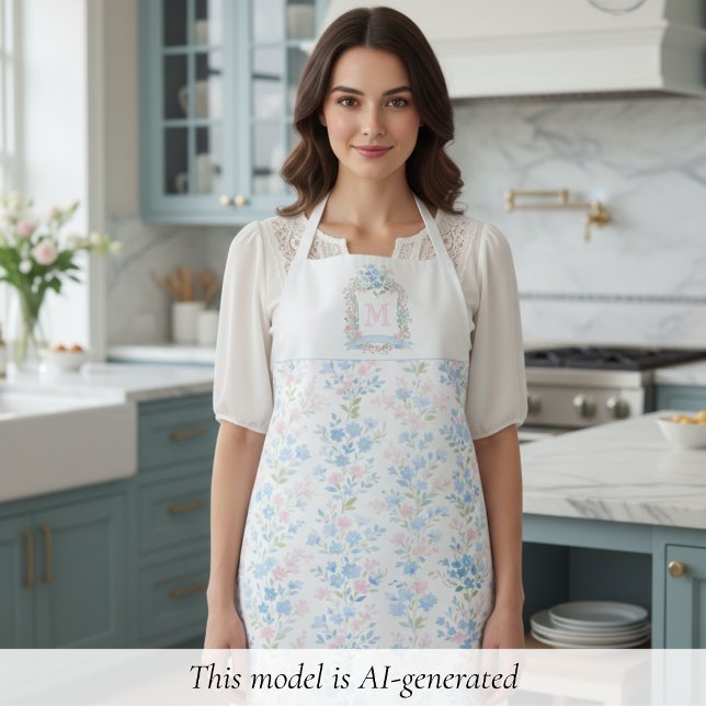 Pastel Floral Personalized Monogram Apron (elegant preppy grandmillennial pink blue floral pattern apron with family crest and custom initial )