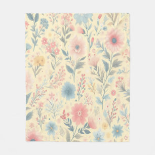 Pastel Floral Pink & Blue on Light Yellow Fleece Blanket