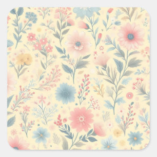Pastel Floral Pink & Blue on Light Yellow Square Sticker