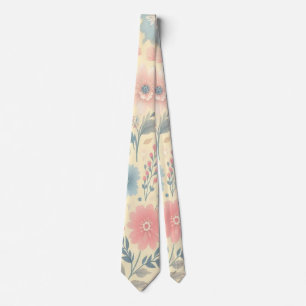 Pastel Floral Pink & Blue on Light Yellow Tie