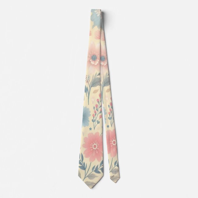 Pastel Floral Pink & Blue on Light Yellow Tie (Front)
