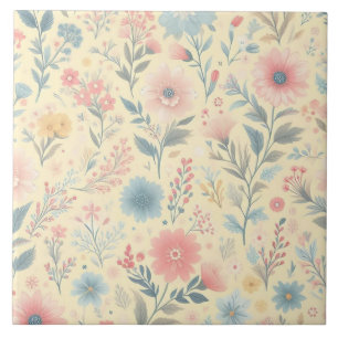 Pastel Floral Pink & Blue on Light Yellow Tile
