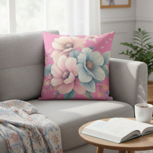 Pastel Floral - Pink Watercolor Flowers Throw Pillow