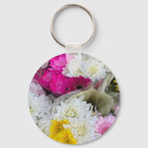 Pastel Floral Pink, Yellow & White Chrysanthemum Keychain