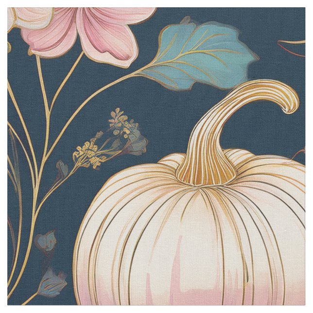 Pastel Floral Pumpkin Patch on Dark Blue  Fabric (Close Up)