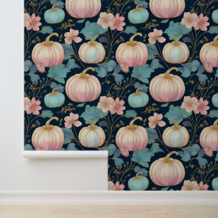 Pastel Floral Pumpkin Patch on Dark Blue  Wallpaper