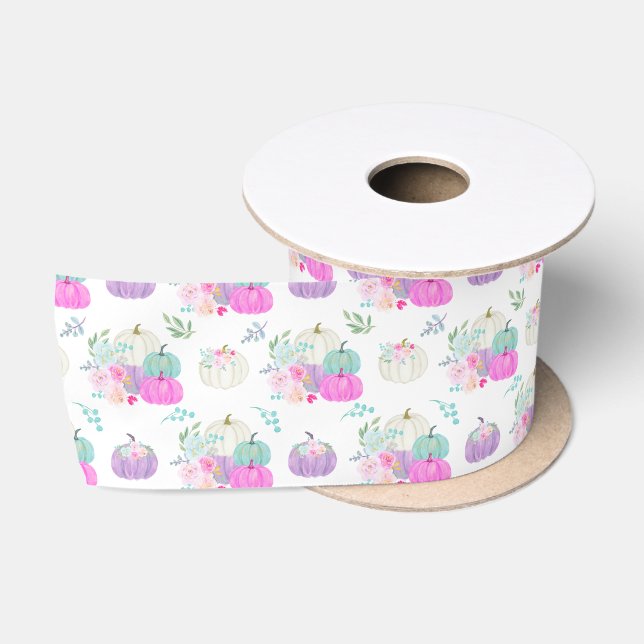 Pastel Floral Pumpkins in Pink, Purple and Blue Satin Ribbon (Spool)