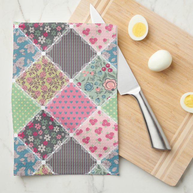 Pastel Floral Quilt Squares Kitchen Towel (Quarter Fold)