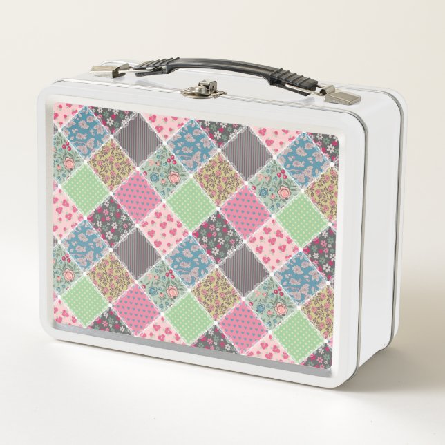 Pastel Floral Quilt Squares Metal Lunch Box (Front)