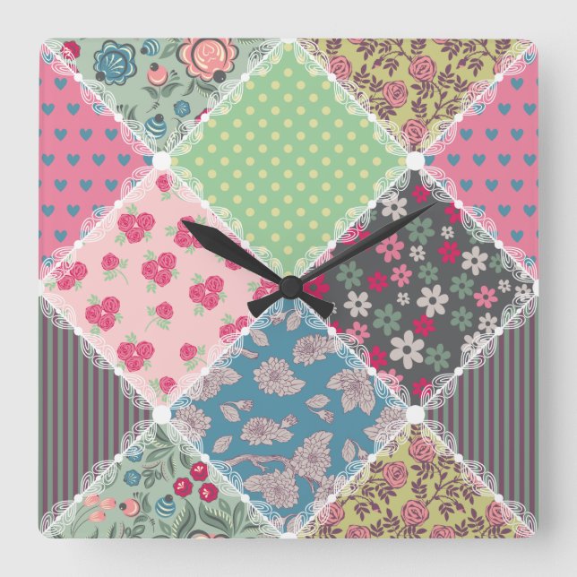 Pastel Floral Quilt Squares Square Wall Clock (Front)
