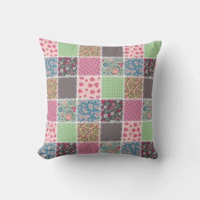 Pastel Floral Quilt Squares Throw Pillow (Front)