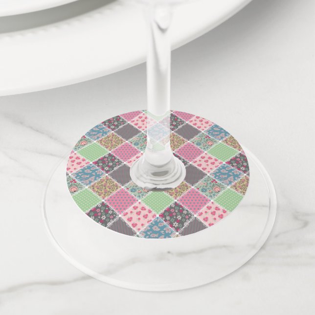 Pastel Floral Quilt Squares Wine Glass Tag (Close Up)