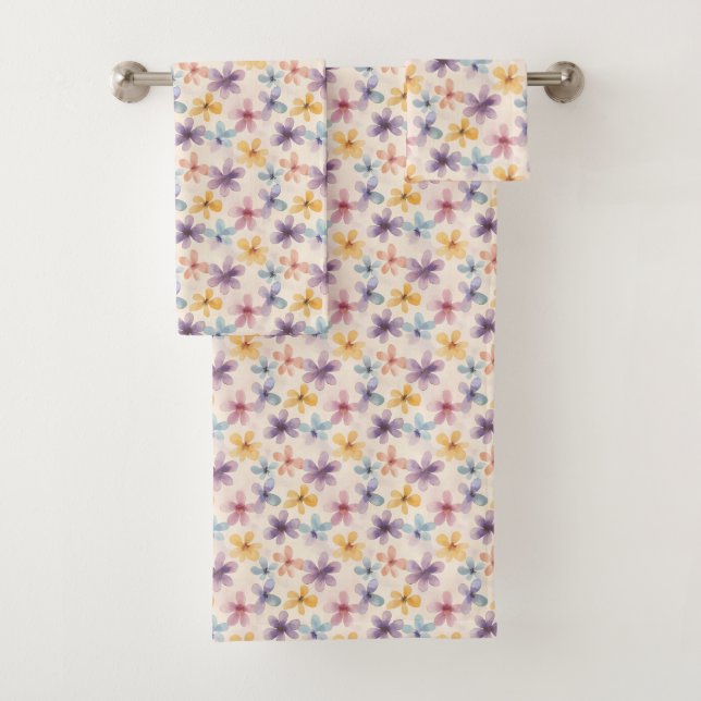 Pastel Floral Retro Hippie Flowers Bath Towel Set (Insitu)