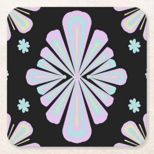 Pastel floral shapes on a black background square paper coaster