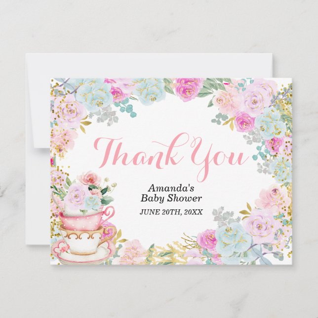 Pastel Floral Tea Party Gold Glitter Thank You (Front)