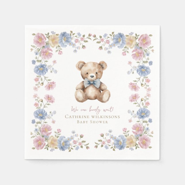 Pastel Floral Teddy Bear Baby Shower Napkins (Front)